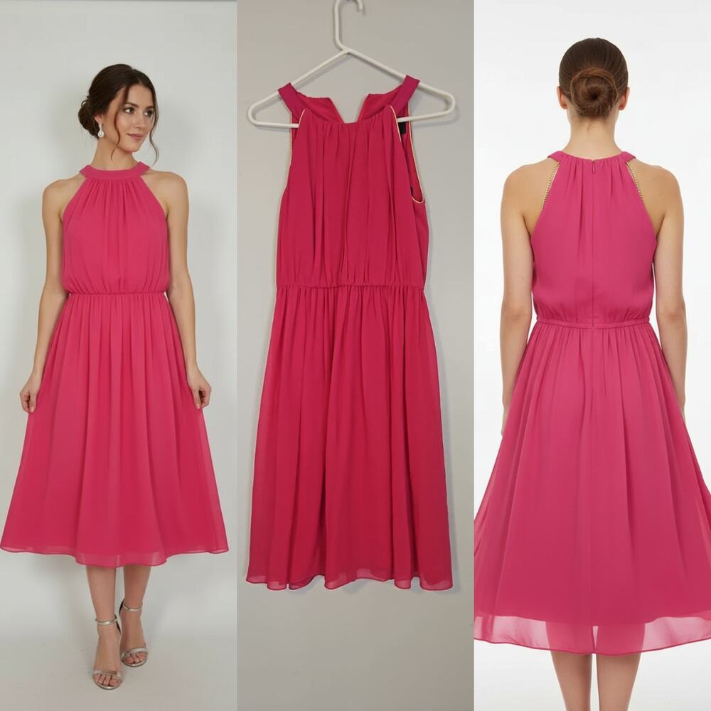 NWT Max Mara Fuchsia Pleated Halter Midi Dress Size 6 – Elegant Flowy Silhouette